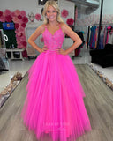 Prom Dress 2025 Hot Pink Lace Applique Cheap Prom Dresses Pleated Tulle Spaghetti Strap 24340-unique elegant Prom Dresses-Hot Pink-Custom Size-vigocouture