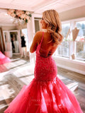 Prom Dress 2025 Hot Pink Lace Applique Mermaid Prom Dresses Spaghetti Strap Corset Back 24081-unique elegant Prom Dresses-Hot Pink-Custom Size-vigocouture