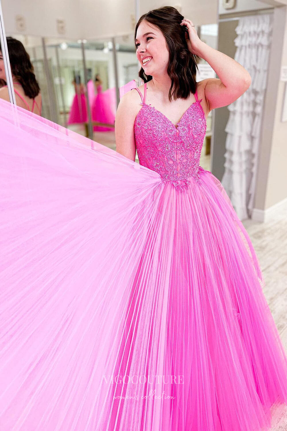 Prom Dress 2025 Hot Pink Lace Applique Prom Dresses Spaghetti Strap Pleated Tulle Evening Dress 21734b-unique elegant Prom Dresses-Hot Pink-Custom Size-vigocouture