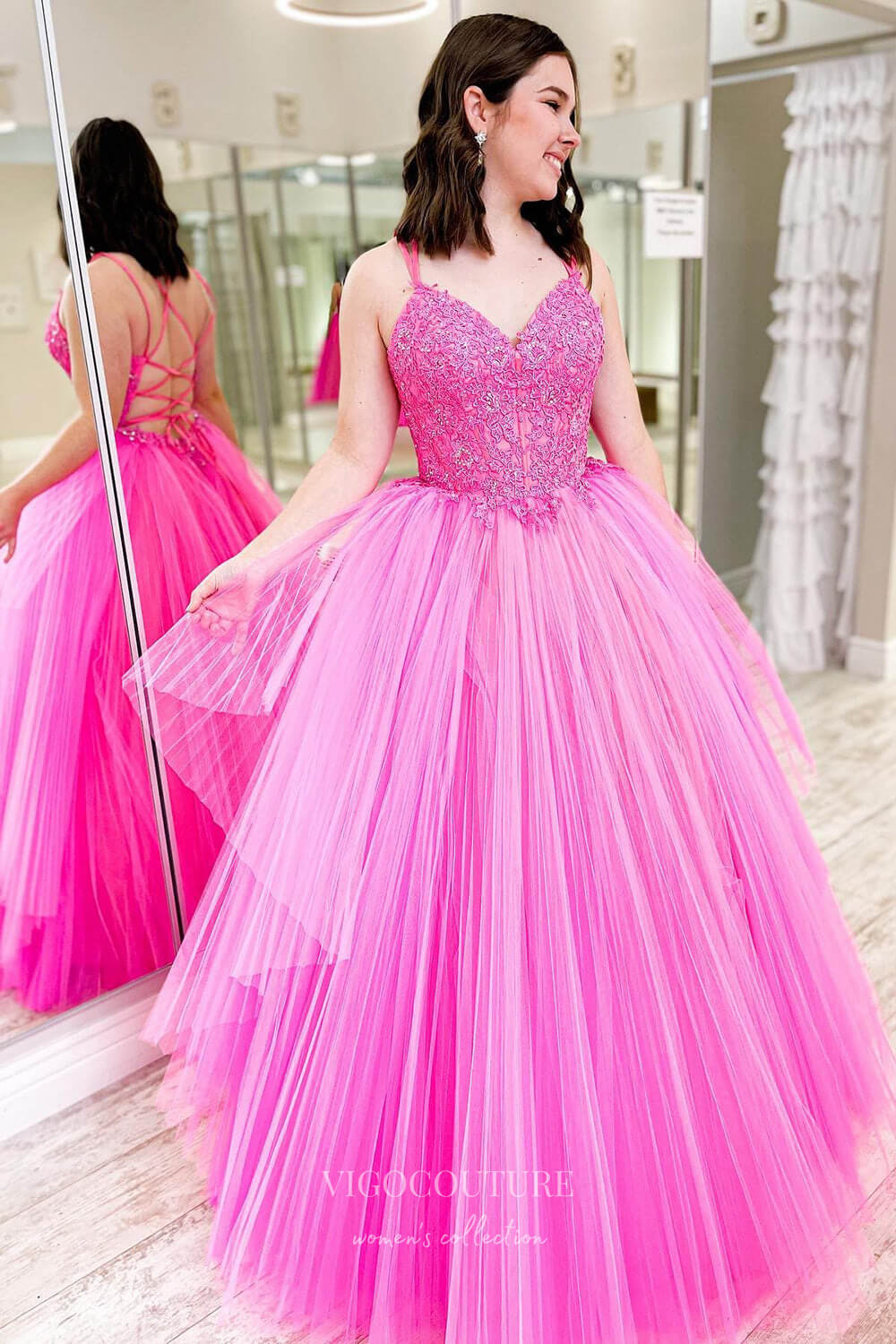 Prom Dress 2025 Hot Pink Lace Applique Prom Dresses Spaghetti Strap Pleated Tulle Evening Dress 21734b-unique elegant Prom Dresses-Hot Pink-Custom Size-vigocouture