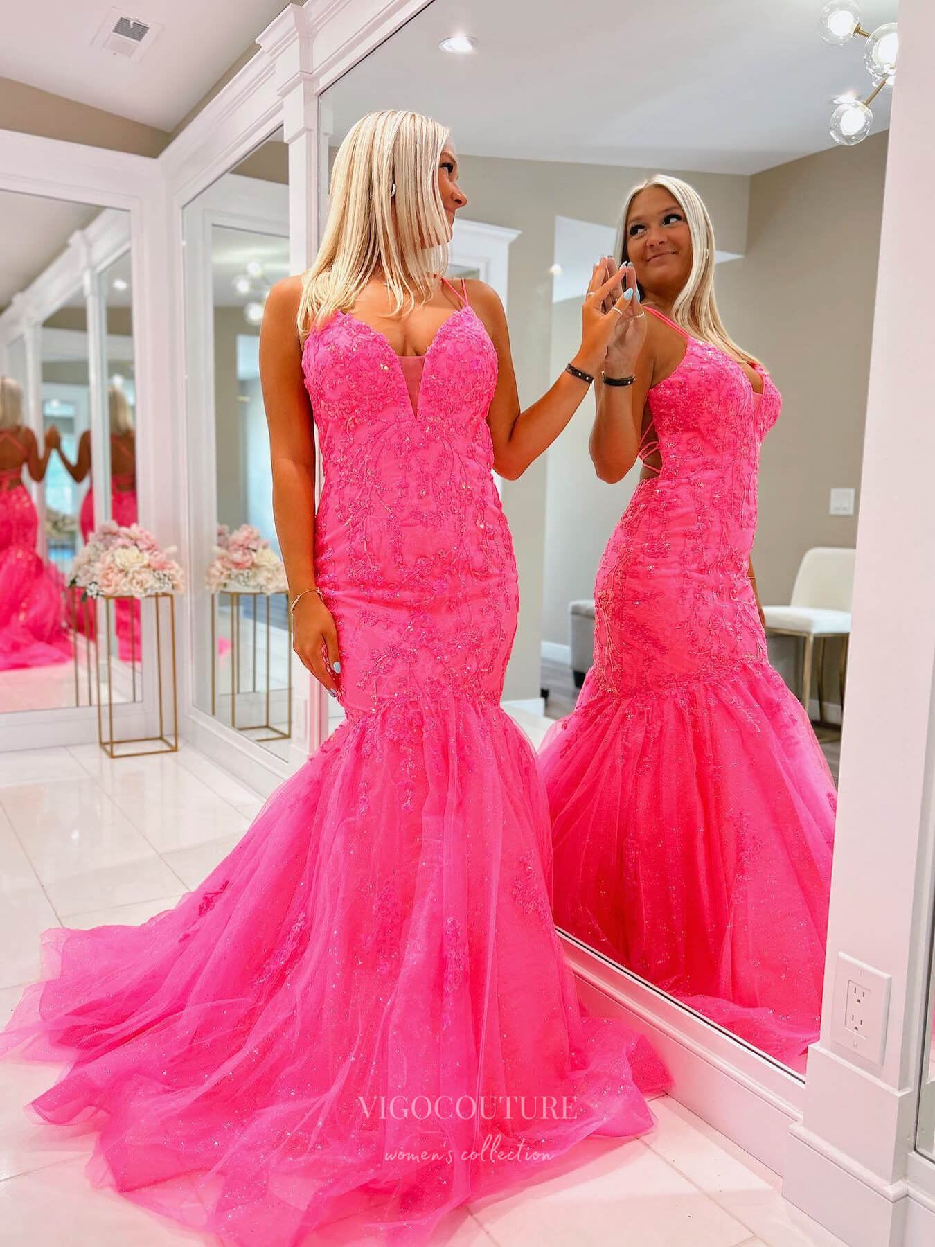 Prom Dress 2025 Hot Pink Lace Applique Spaghetti Strap Prom Dresses Mermaid Sparkly Tulle 24084-unique elegant Prom Dresses-Hot Pink-Custom Size-vigocouture