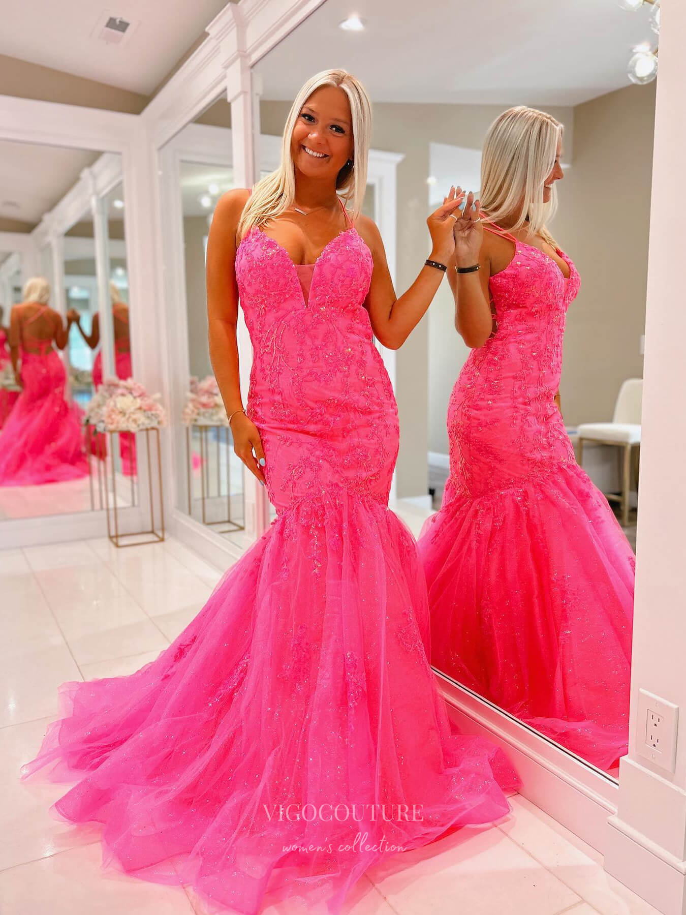 Prom Dress 2025 Hot Pink Lace Applique Spaghetti Strap Prom Dresses Mermaid Sparkly Tulle 24084-unique elegant Prom Dresses-Hot Pink-Custom Size-vigocouture