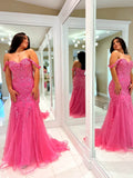 Prom Dress 2025 Hot Pink Mermaid Lace Applique Prom Dresses Off the Shoulder Evening Dress 24083-unique elegant Prom Dresses-Hot Pink-Custom Size-vigocouture