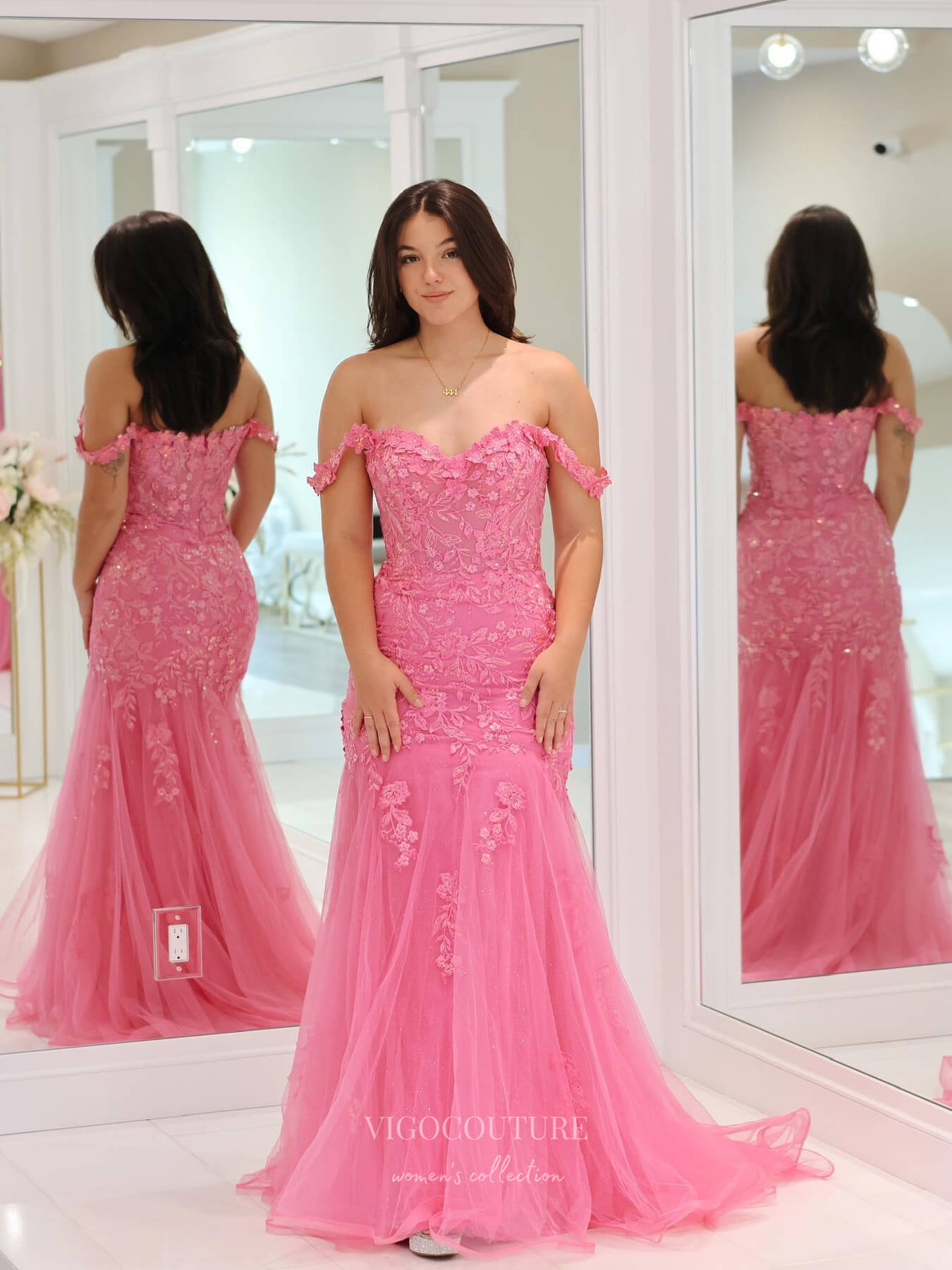 Prom Dress 2025 Hot Pink Mermaid Lace Applique Prom Dresses Off the Shoulder Evening Dress 24083-unique elegant Prom Dresses-Hot Pink-Custom Size-vigocouture