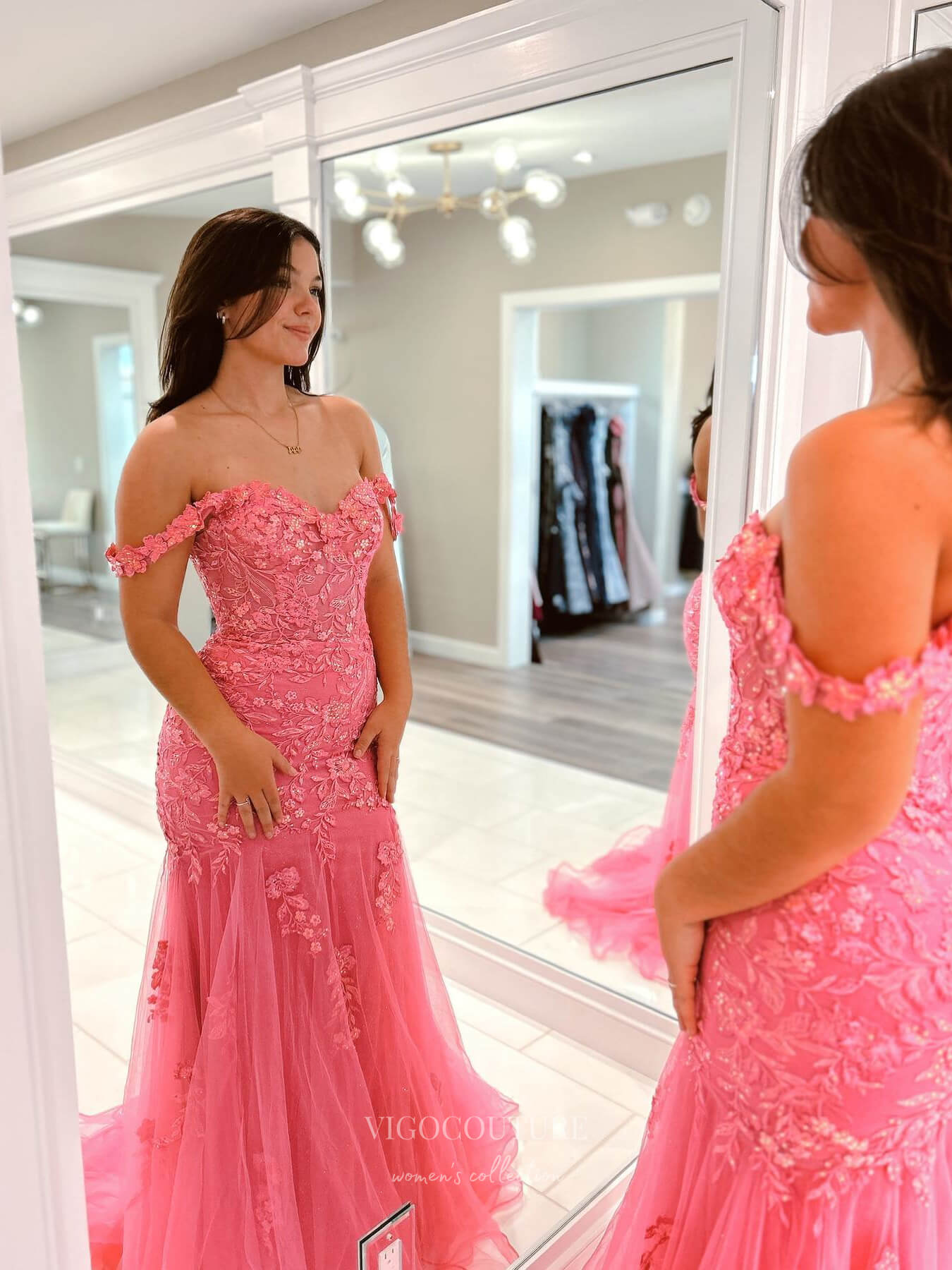 Prom Dress 2025 Hot Pink Mermaid Lace Applique Prom Dresses Off the Shoulder Evening Dress 24083-unique elegant Prom Dresses-Hot Pink-Custom Size-vigocouture