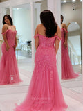 Prom Dress 2025 Hot Pink Mermaid Lace Applique Prom Dresses Off the Shoulder Evening Dress 24083-unique elegant Prom Dresses-Hot Pink-Custom Size-vigocouture