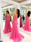 Prom Dress 2025 Hot Pink Mermaid Lace Applique Prom Dresses Off the Shoulder Evening Dress 24083-unique elegant Prom Dresses-Hot Pink-Custom Size-vigocouture