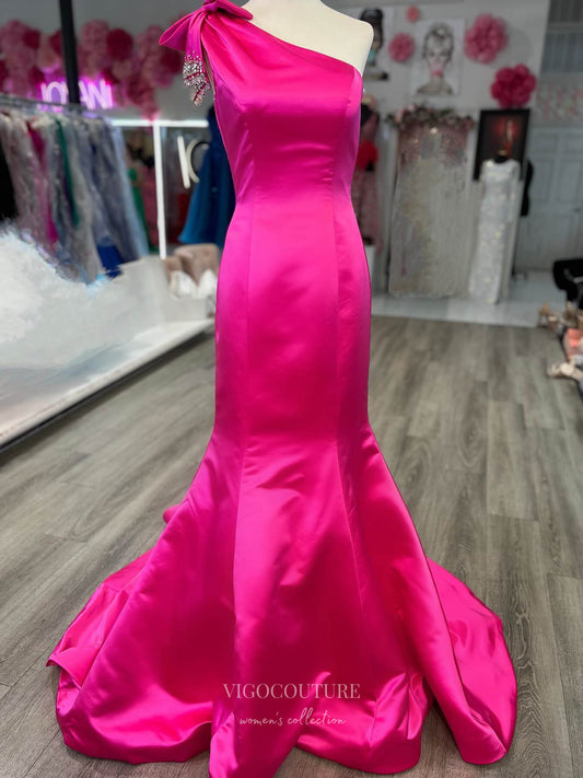 Prom Dress 2025 Hot Pink One Shoulder Mermaid Prom Dresses Satin Beaded Bow 24166-unique elegant Prom Dresses-Hot Pink-Custom Size-vigocouture