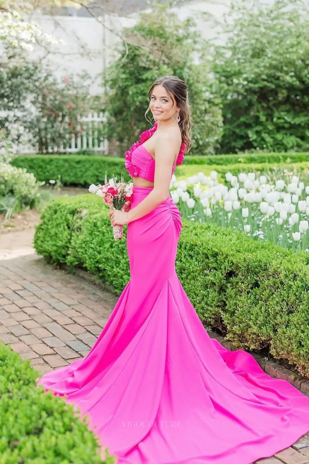 Prom Dresses 2025 to impress Hot Pink One Shoulder Two Piece Mermaid Prom Dress with 3D Floral Strap, Ruched Skirt & Sweep Train – 26080-vigocouture-vigocouture