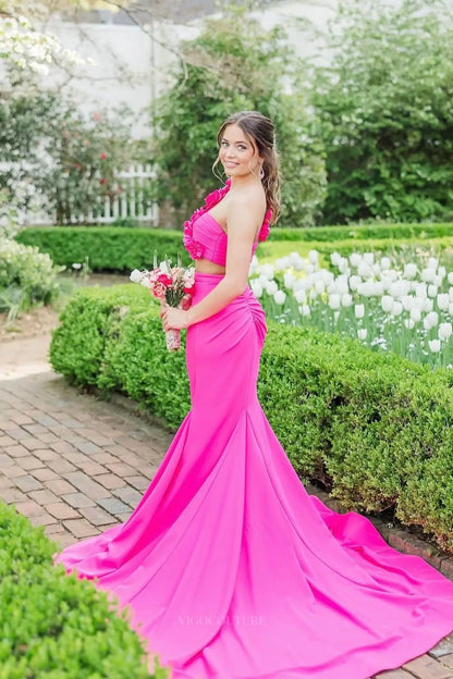 Prom Dresses 2025 to impress Hot Pink One Shoulder Two Piece Mermaid Prom Dress with 3D Floral Strap, Ruched Skirt & Sweep Train – 26080-vigocouture-vigocouture