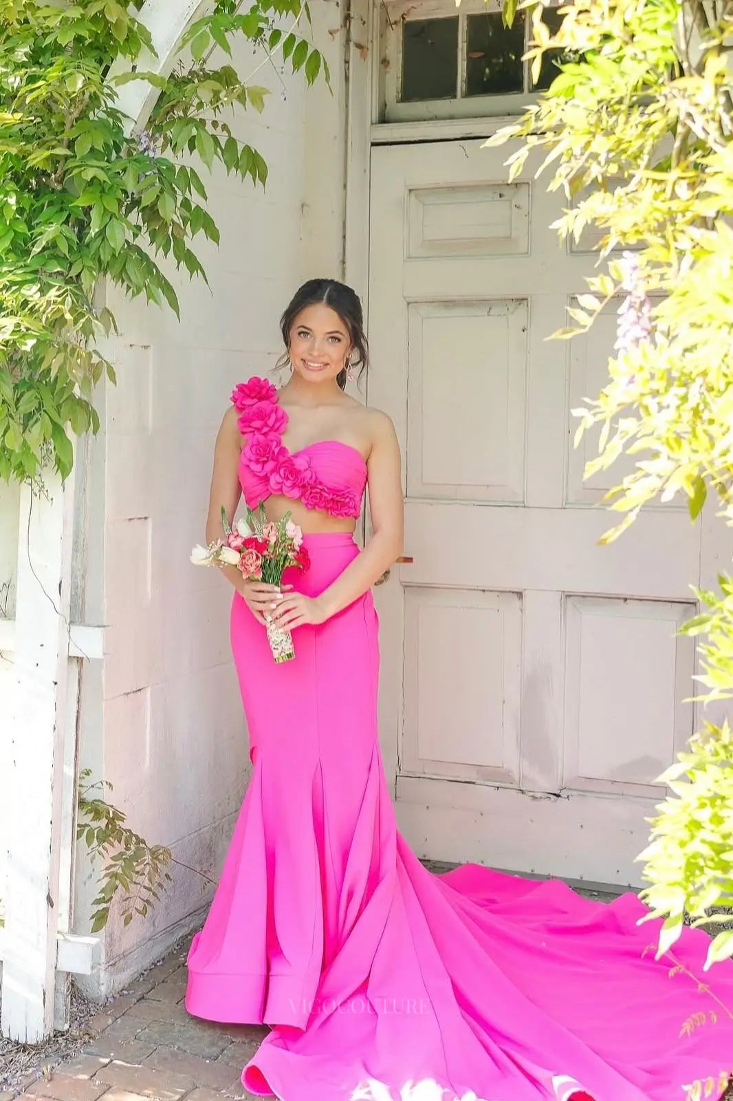 Prom Dresses 2025 to impress Hot Pink One Shoulder Two Piece Mermaid Prom Dress with 3D Floral Strap, Ruched Skirt & Sweep Train – 26080-vigocouture-vigocouture