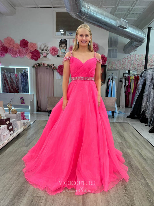 Prom Dress 2025 Hot Pink Organza Off the Shoulder Prom Dresses Beaded Waist Pleated Bodice 24223-unique elegant Prom Dresses-Hot Pink-Custom Size-vigocouture