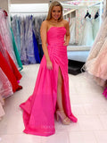 Prom Dress 2025 Hot Pink Pleated Bodice Prom Dresses with Slit Satin Mermaid Formal Dress 24107-unique elegant Prom Dresses-Hot Pink-Custom Size-vigocouture