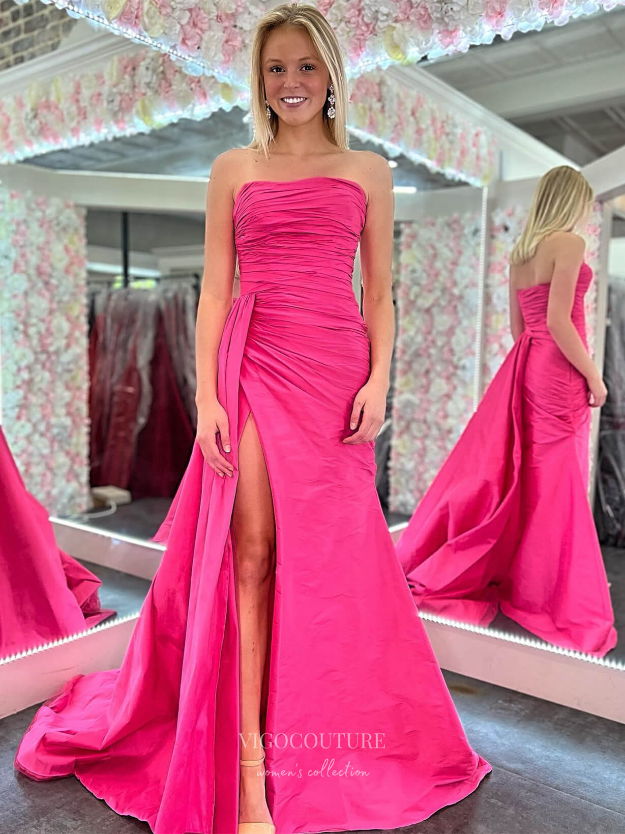 strapless open back dress Hot Pink Pleated Bodice Prom Dresses with Slit Satin Mermaid Formal Dr –  vigocouture