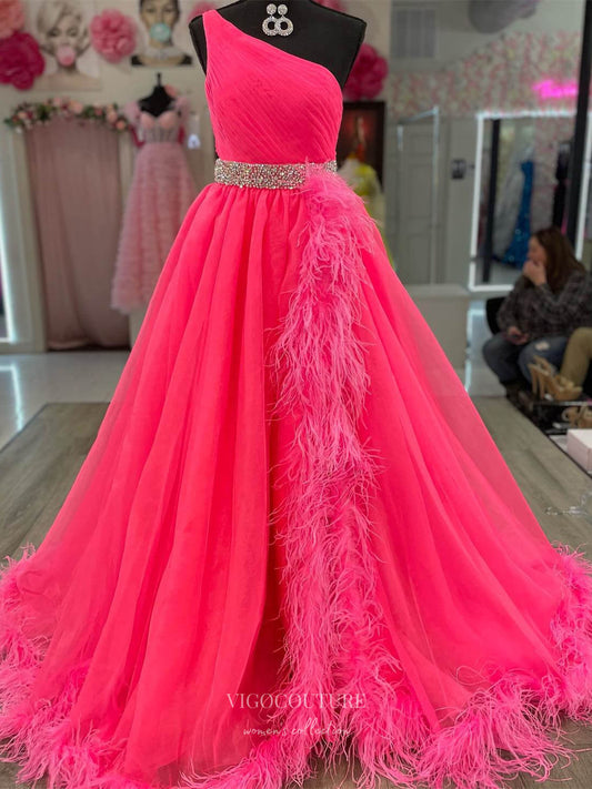 Prom Dress 2025 Hot Pink Pleated One Shoulder Prom Dresses with Slit Feather Bottom 24175-unique elegant Prom Dresses-Hot Pink-Custom Size-vigocouture