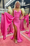 Prom Dress 2025 Hot Pink Pleated Satin Mermaid Prom Dresses with Slit Overskirt 24224-unique elegant Prom Dresses-Hot Pink-Custom Size-vigocouture