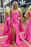 Prom Dress 2025 Hot Pink Pleated Satin Mermaid Prom Dresses with Slit Overskirt 24224-unique elegant Prom Dresses-Hot Pink-Custom Size-vigocouture