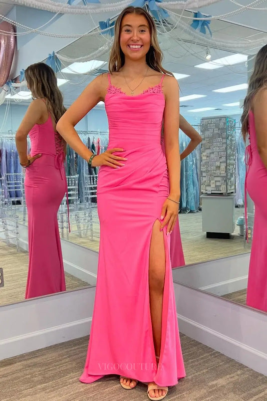 Prom Dresses 2025 to impress Hot Pink Ruched Mermaid Prom Dress with Lace Trim Straps, Lace-Up Back & High Slit – 26094-vigocouture-vigocouture
