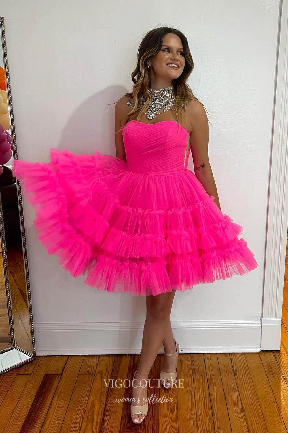 pink ruffle homecoming dress Hot Pink One Shoulder Organza High Low Homecoming Dress With Ruffles, Hot Pink / 8