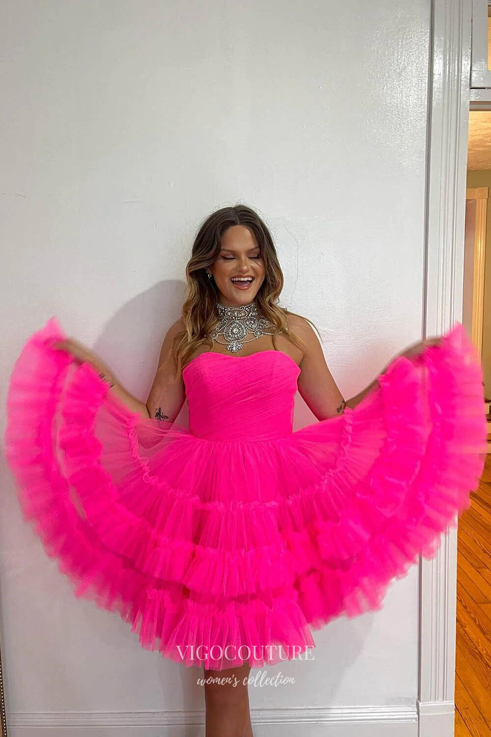 Hot Pink Ruffled Tiered Homecoming Dresses Strapless Back to School Dress HC425 Black / 24W Hot Pink Ruffled Tiered Homecoming Dresses Strapless Back to School Dress HC425 Black / 24W