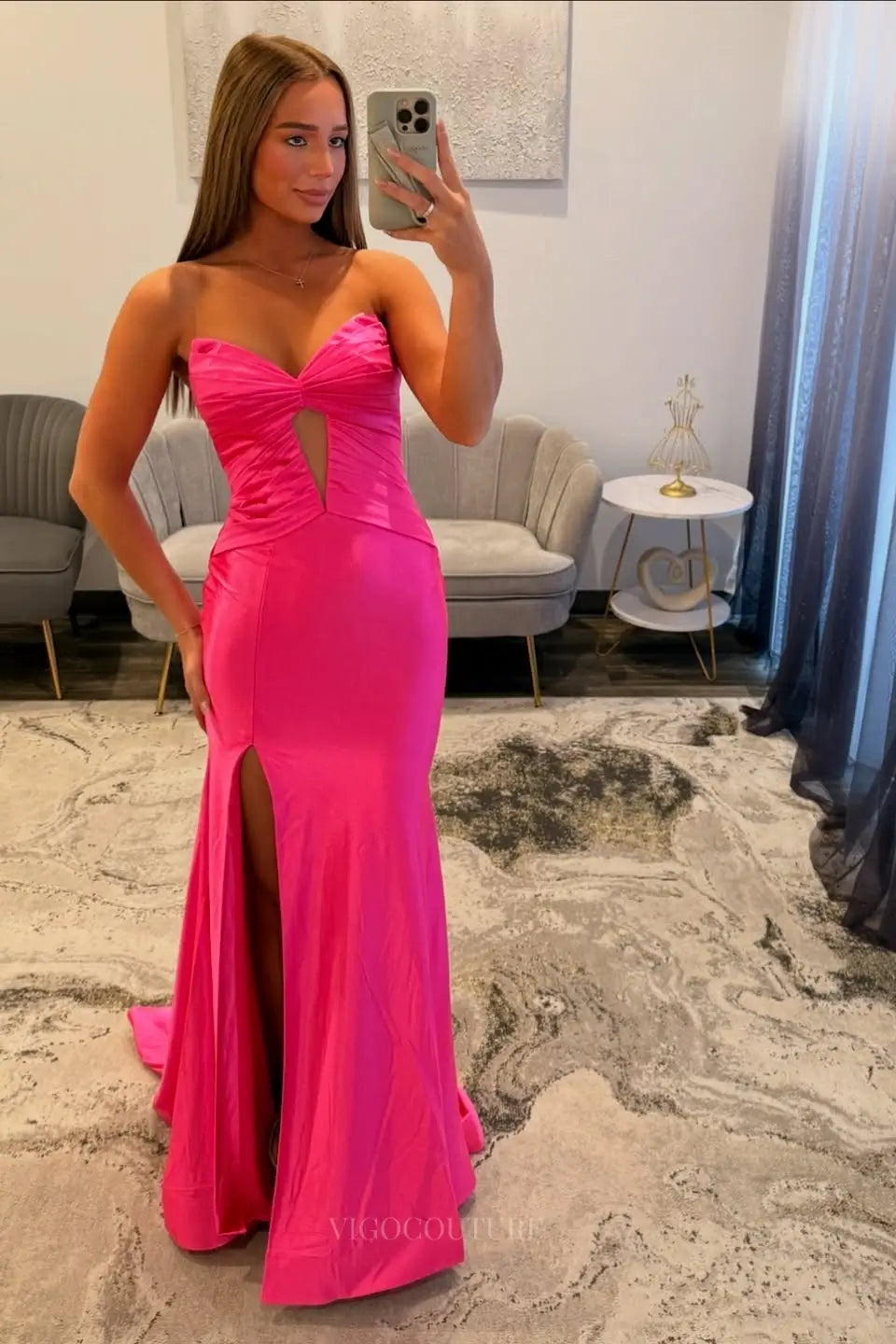 Prom Dresses 2025 to impress Hot Pink Satin Mermaid Prom Dress with Sweetheart Ruched Bodice, Keyhole Cutout & High Slit – 26073-vigocouture-vigocouture