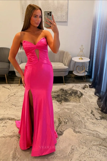 Prom Dresses 2025 to impress Hot Pink Satin Mermaid Prom Dress with Sweetheart Ruched Bodice, Keyhole Cutout & High Slit – 26073-vigocouture-vigocouture