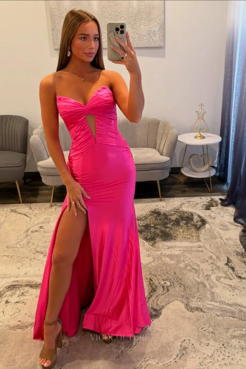 Prom Dresses 2025 to impress Hot Pink Satin Mermaid Prom Dress with Sweetheart Ruched Bodice, Keyhole Cutout & High Slit – 26073-vigocouture-vigocouture