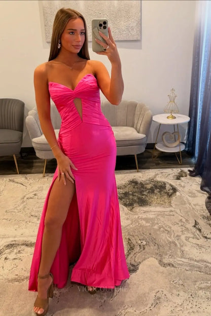 Prom Dresses 2025 to impress Hot Pink Satin Mermaid Prom Dress with Sweetheart Ruched Bodice, Keyhole Cutout & High Slit – 26073-vigocouture-vigocouture