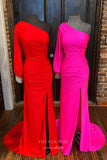 Hot Pink Satin Prom Dresses with Slit Mermaid One Shoulder Evening Dress 22026