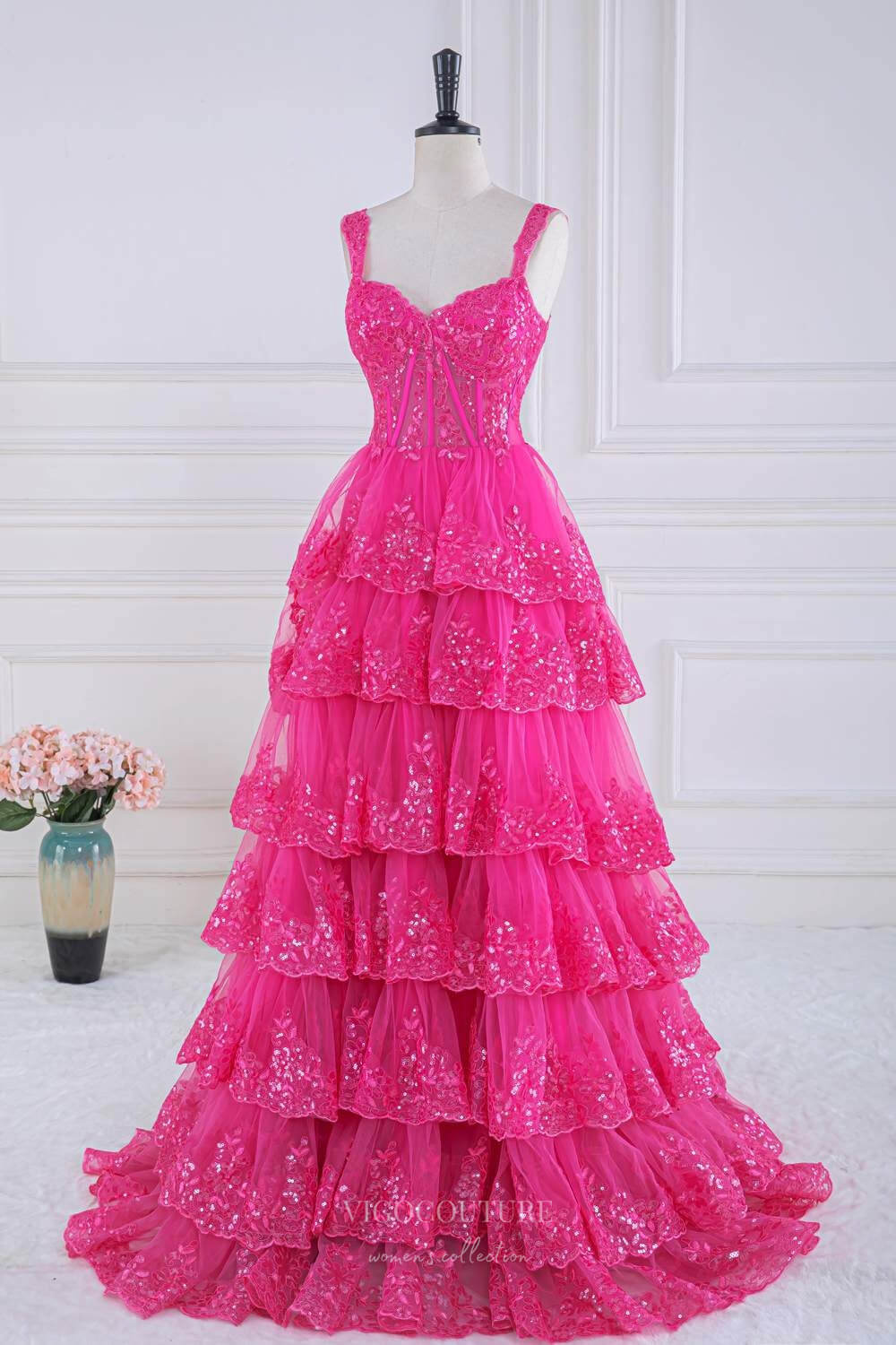 Prom Dress 2025 Hot Pink Sequin Lace Tiered Prom Dresses Sheer Boned Bodice 24303-unique elegant Prom Dresses-Hot Pink-Custom Size-vigocouture