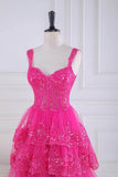 Prom Dress 2025 Hot Pink Sequin Lace Tiered Prom Dresses Sheer Boned Bodice 24303-unique elegant Prom Dresses-Hot Pink-Custom Size-vigocouture