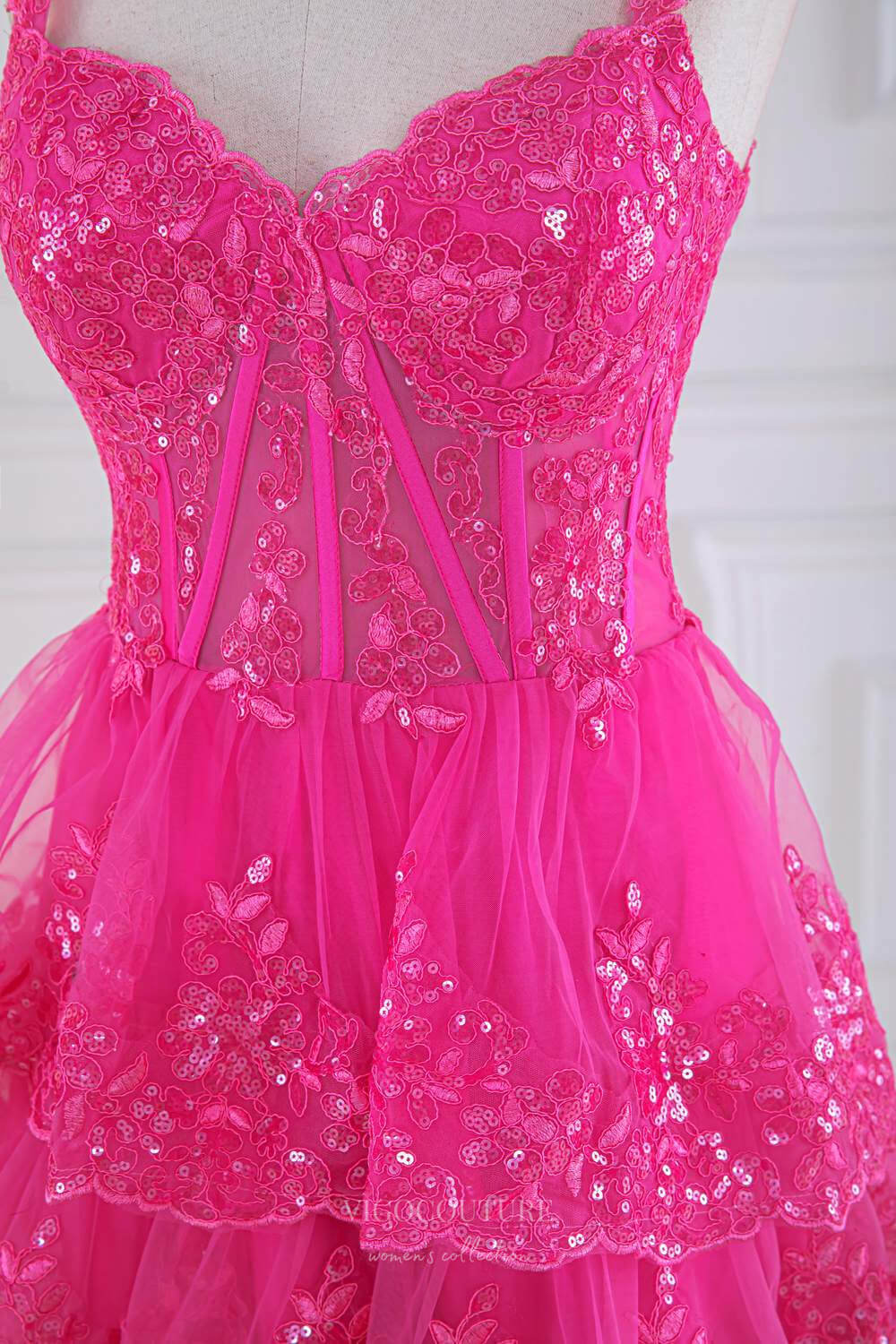 Prom Dress 2025 Hot Pink Sequin Lace Tiered Prom Dresses Sheer Boned Bodice 24303-unique elegant Prom Dresses-Hot Pink-Custom Size-vigocouture