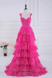 Hot Pink Sequin Lace Tiered Prom Dresses Sheer Boned Bodice 24303