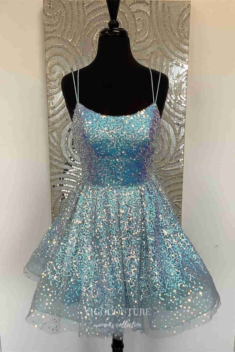 Short Prom Dresses 2025 Hot Pink Sequin Spaghetti Strap Homecoming Dresses Sparkly Graduation Dress hc427-Prom Dresses-vigocouture-Dusty Blue-Custom Size-vigocouture