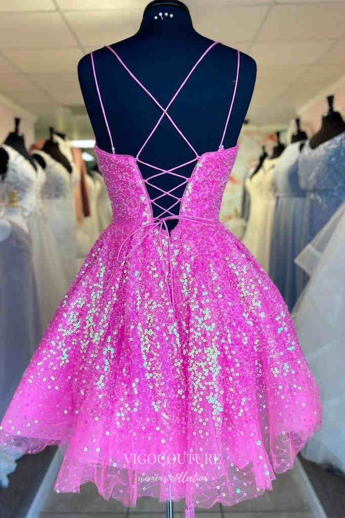 Short Prom Dresses 2025 Hot Pink Sequin Spaghetti Strap Homecoming Dresses Sparkly Graduation Dress hc427-Prom Dresses-vigocouture-vigocouture