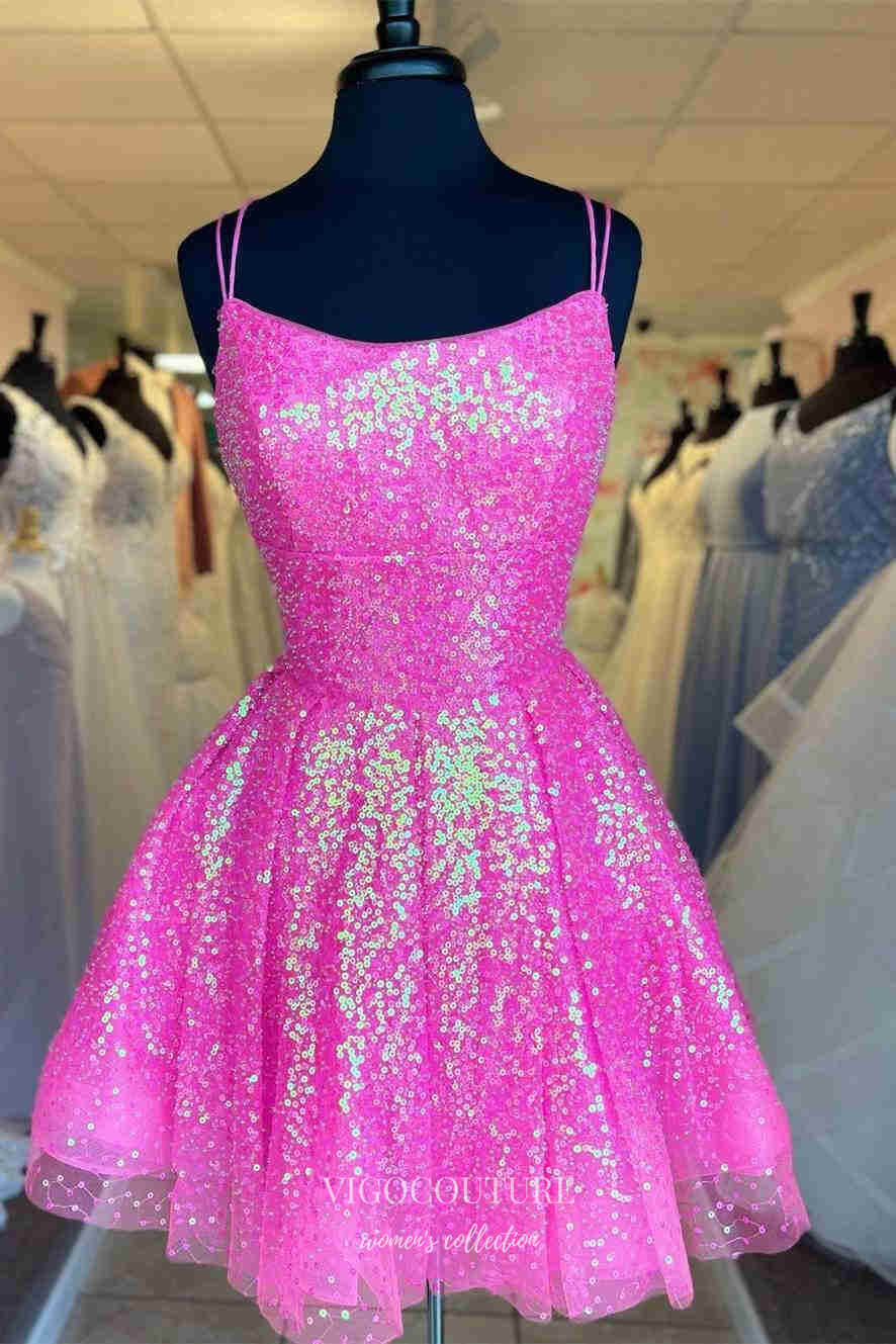 Short Prom Dresses 2025 Hot Pink Sequin Spaghetti Strap Homecoming Dresses Sparkly Graduation Dress hc427-Prom Dresses-vigocouture-Hot Pink-Custom Size-vigocouture