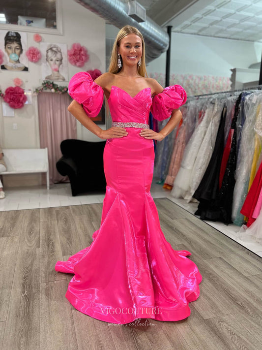 Prom Dress 2025 Hot Pink Shiny Satin Strapless Prom Dresses Removable Puffed Sleeve Beaded Belt 24191-unique elegant Prom Dresses-Hot Pink-Custom Size-vigocouture