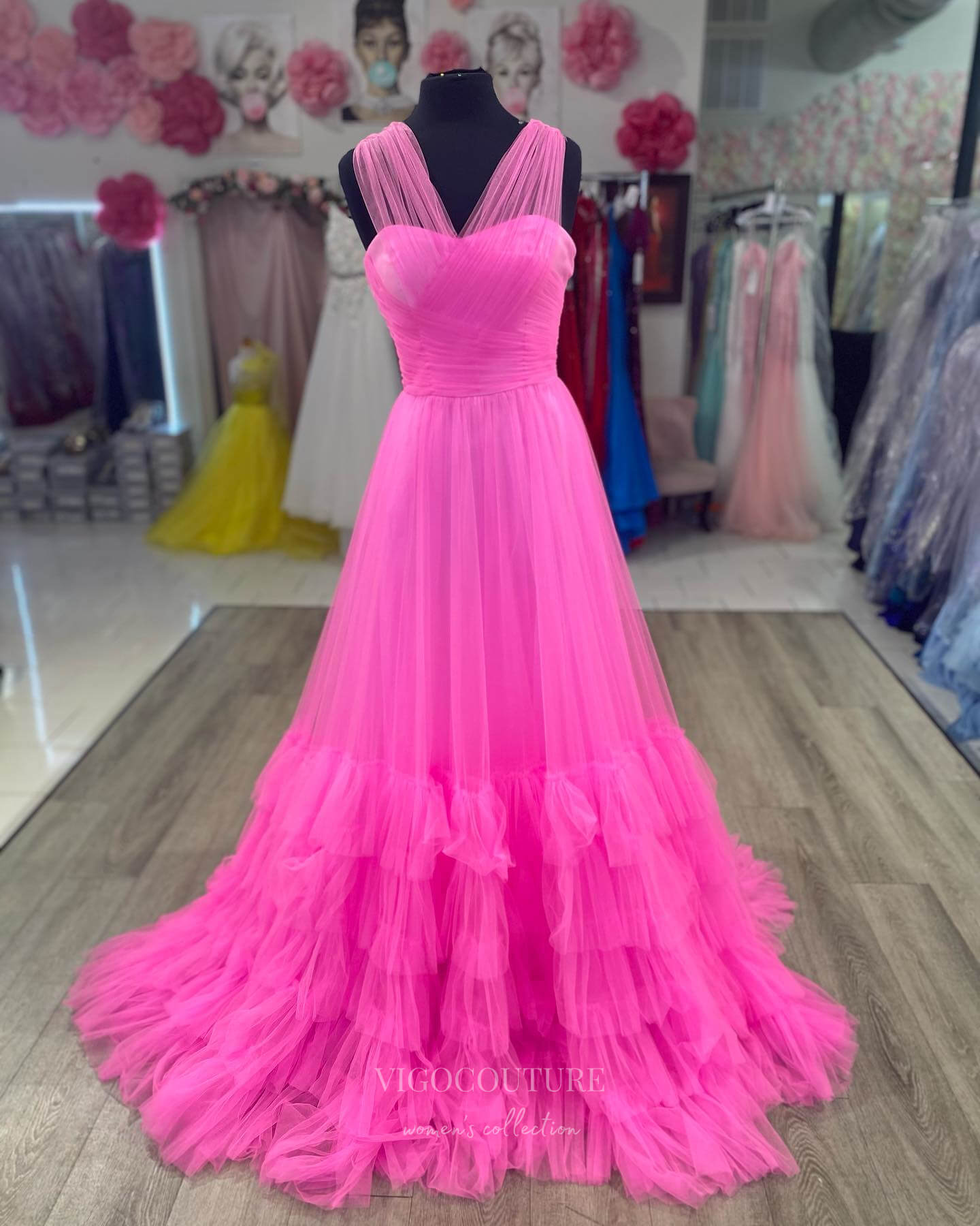 Prom Dress 2025 Hot Pink Tiered Cheap Prom Dresses 2024 Crossed Pleated Bodice 24257-unique elegant Prom Dresses-Hot Pink-Custom Size-vigocouture