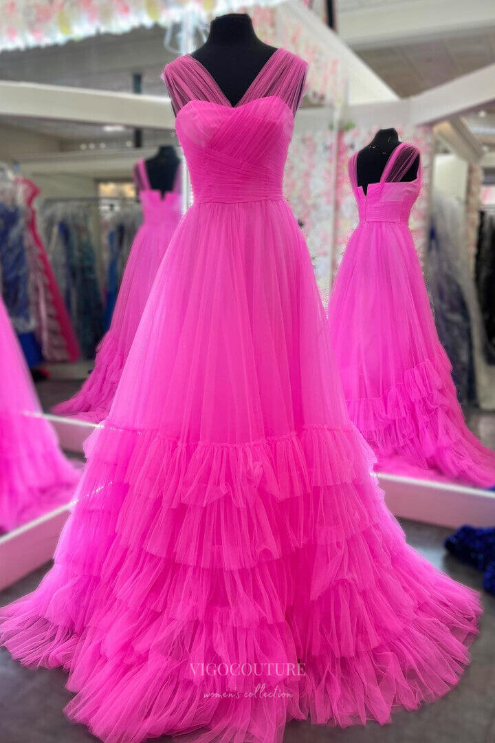 Prom Dress 2025 Hot Pink Tiered Cheap Prom Dresses 2024 Crossed Pleated Bodice 24257-unique elegant Prom Dresses-Hot Pink-Custom Size-vigocouture