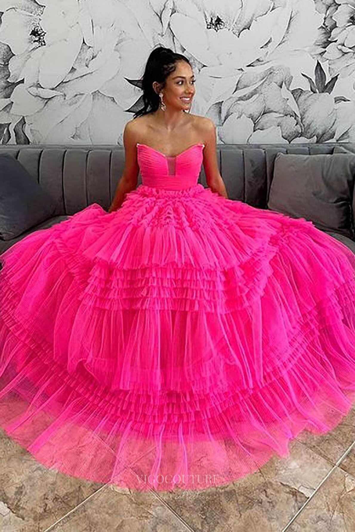 Prom Dress 2025 Hot Pink Tiered Ruffled Prom Dresses Strapless Pleated Bodice Formal Gown 24371-unique elegant Prom Dresses-Hot Pink-Custom Size-vigocouture