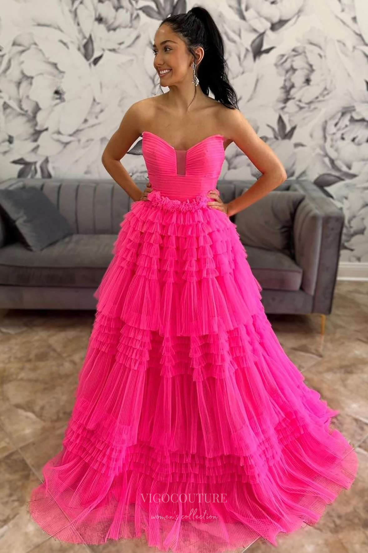 Prom Dress 2025 Hot Pink Tiered Ruffled Prom Dresses Strapless Pleated Bodice Formal Gown 24371-unique elegant Prom Dresses-Hot Pink-Custom Size-vigocouture