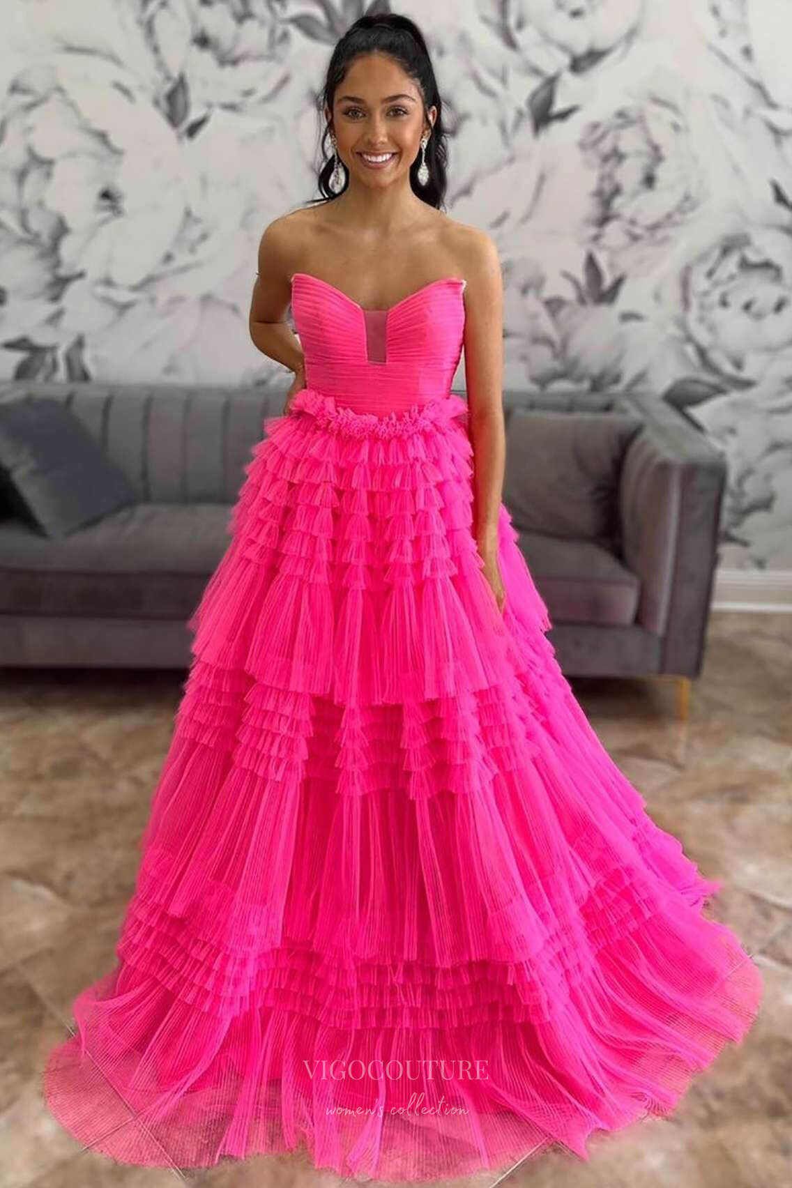 Prom Dress 2025 Hot Pink Tiered Ruffled Prom Dresses Strapless Pleated Bodice Formal Gown 24371-unique elegant Prom Dresses-Hot Pink-Custom Size-vigocouture