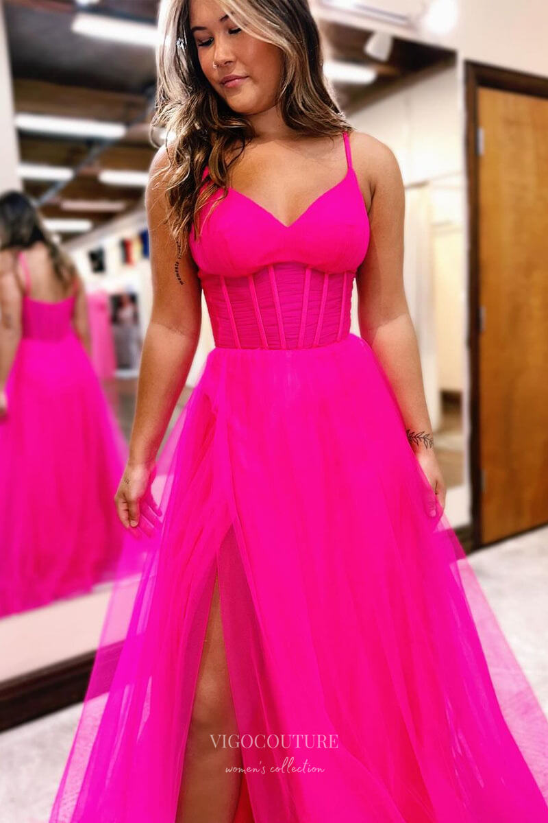 Hot Pink Tulle Prom Dresses with Slit Spaghetti Strap Boned Bodice 24205 Blue / US12 Hot Pink Tulle Prom Dresses with Slit Spaghetti Strap Boned Bodice 24205 Blue / US12
