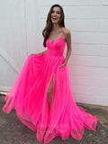 Prom Dress 2025 Hot Pink Tulle Prom Dresses with Slit Spaghetti Strap Evening Dress 20389-unique elegant Prom Dresses-Pink-US2-vigocouture