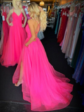 Prom Dress 2025 Hot Pink Tulle Prom Dresses with Slit Spaghetti Strap Evening Dress 20390-unique elegant Prom Dresses-Hot Pink-US0-vigocouture