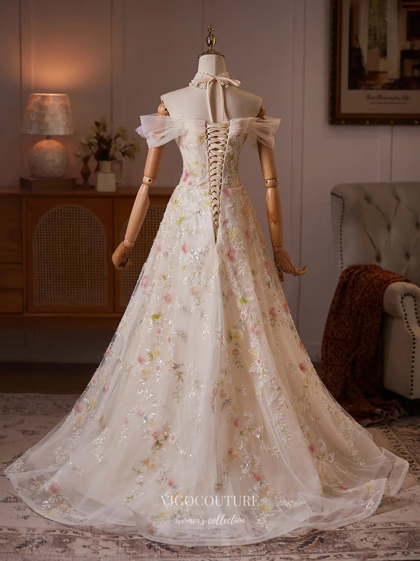 Prom Dresses 2025 to impress Ivory 3D Floral Formal Dress with Off-Shoulder Tulle & Floral Embroidery - 26130-vigocouture-vigocouture