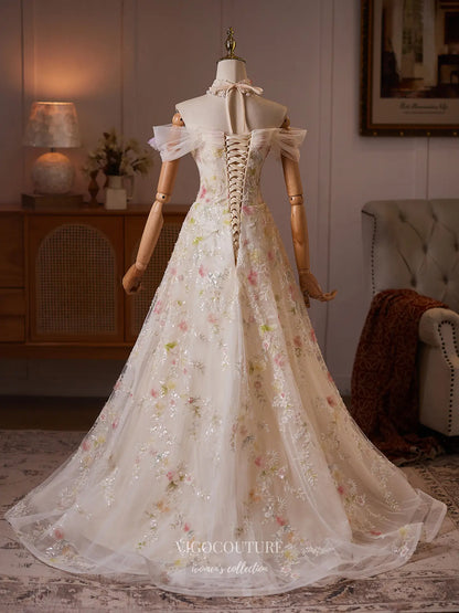 Prom Dresses 2025 to impress Ivory 3D Floral Formal Dress with Off-Shoulder Tulle & Floral Embroidery - 26130-vigocouture-vigocouture
