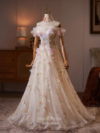 Prom Dresses 2025 to impress Ivory 3D Floral Formal Dress with Off-Shoulder Tulle & Floral Embroidery - 26130-vigocouture-vigocouture