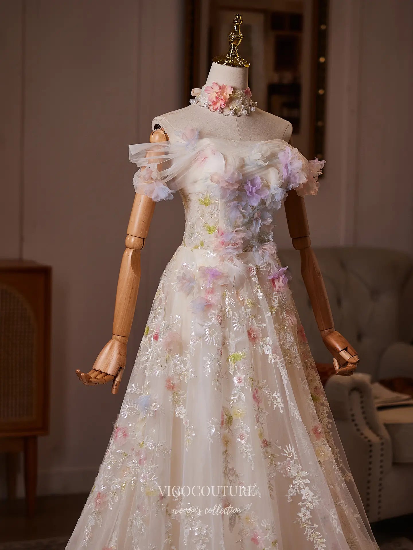 Prom Dresses 2025 to impress Ivory 3D Floral Formal Dress with Off-Shoulder Tulle & Floral Embroidery - 26130-vigocouture-vigocouture