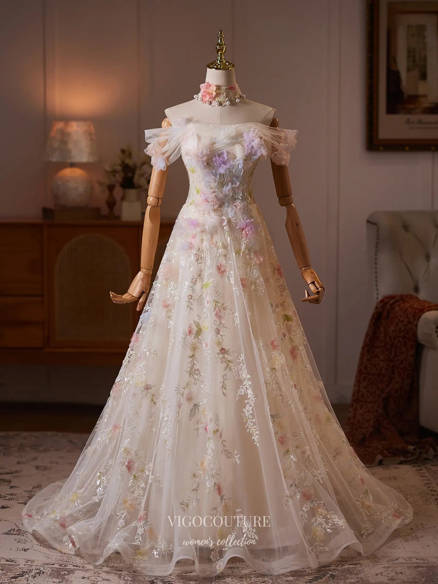 Prom Dresses 2025 to impress Ivory 3D Floral Formal Dress with Off-Shoulder Tulle & Floral Embroidery - 26130-vigocouture-vigocouture